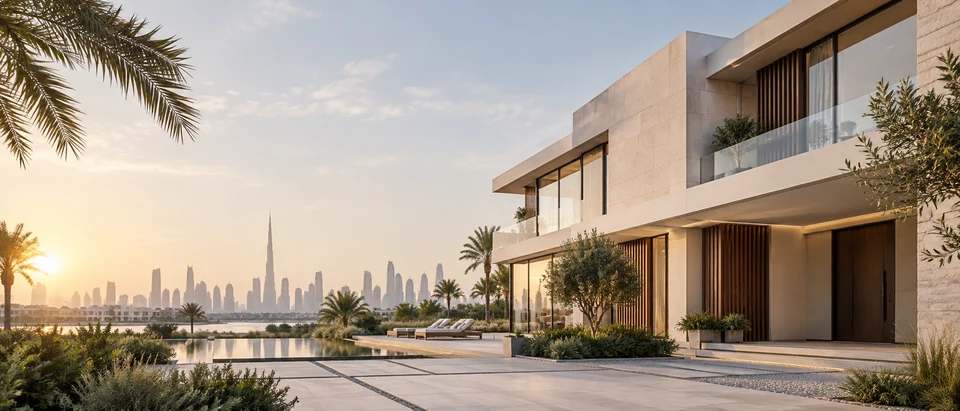 Architectural concept of a contemporary luxury villa at sunset