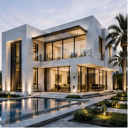Contemporary luxury villa at dusk
