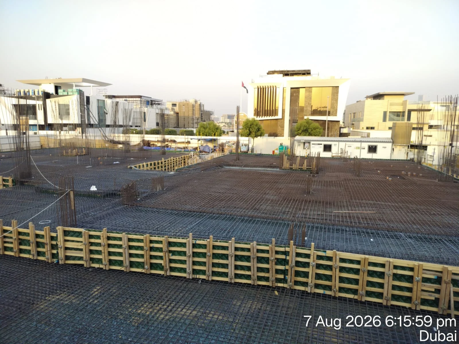 Elevated view of villa slab reinforcement in Pearl Jumeirah at sunset